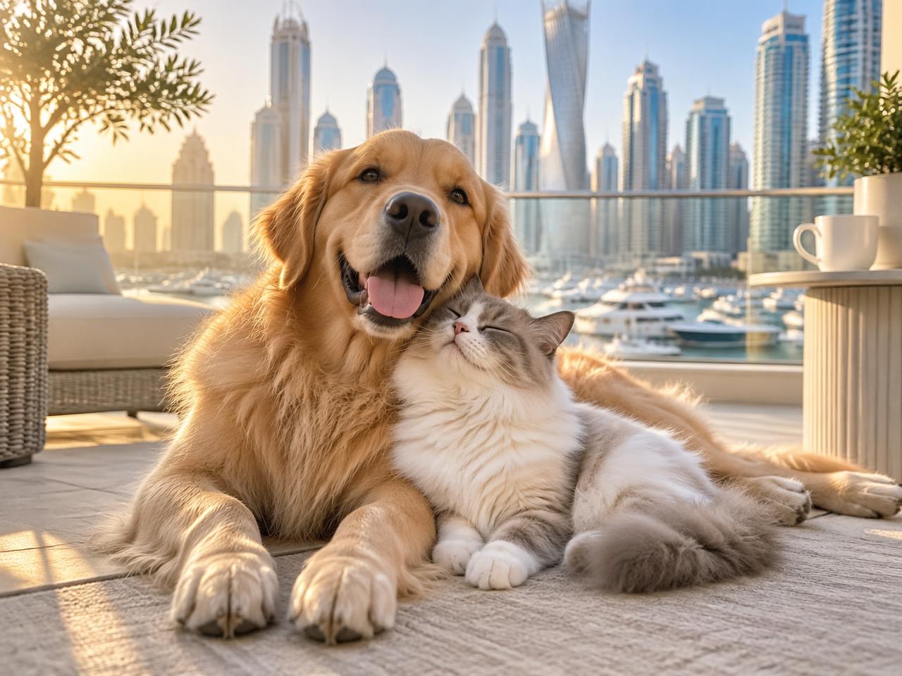 A happy golden retriever and cat cuddling on a Dubai Marina terrace